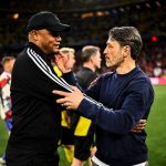MUNICH, GERMANY - APRIL 12:Head coach Vincent Kompany of FC Bayern München and Head coach Niko Kovac of Borussia Dortmund shake hands after the Bundesliga match between FC Bayern München and Borussia Dortmund at Allianz Arena on April 12, 2025 in Munich, Germany. (Photo by Alexander Scheuber/Bundesliga/Bundesliga Collection via Getty Images)